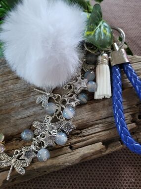 White Pom Pom & Silver Like Dragonfly Charm, Iridescent Bead Keychain, Bag Charm